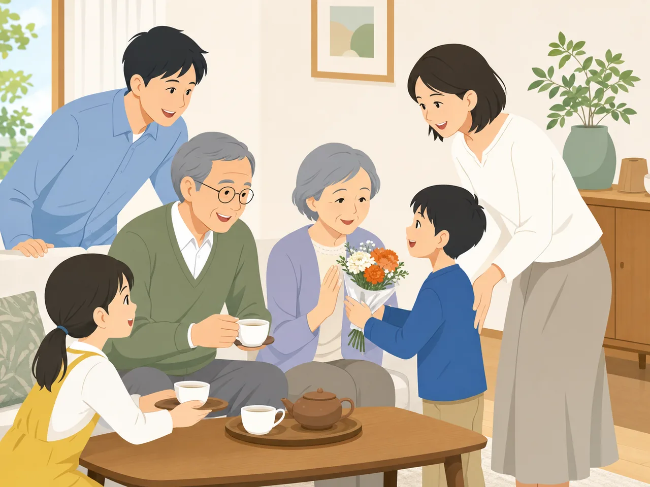 敬老の日を祝う日本人家族（フラットイラスト）。敬老の日、三世代交流、家族サービスの案内に使える素材です。