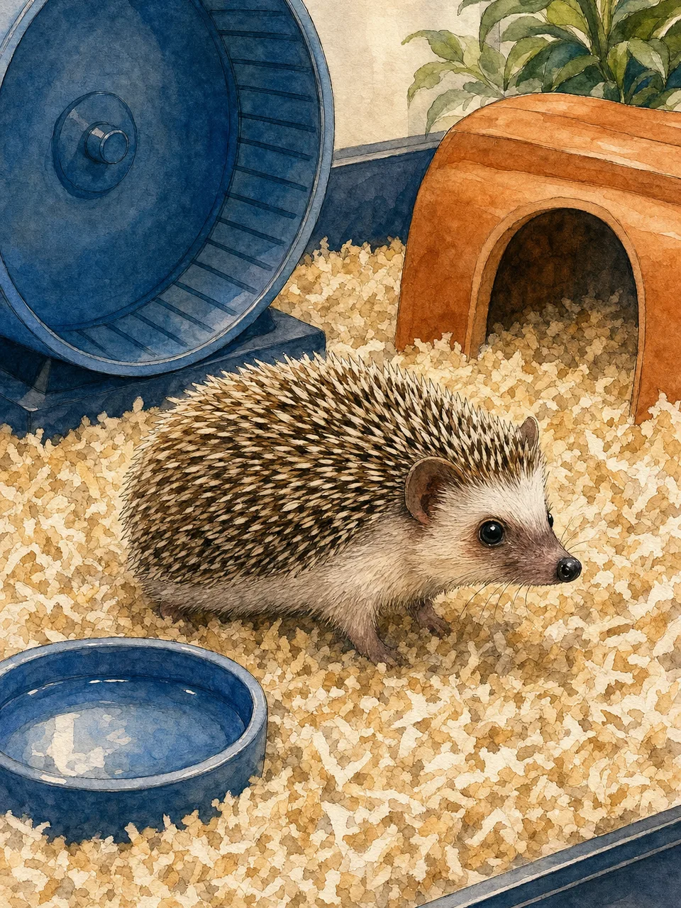 適切な環境で暮らすハリネズミ（手描き水彩）。ハリネズミ、小動物、ペット、飼育環境の記事や案内に使える商用素材です。
