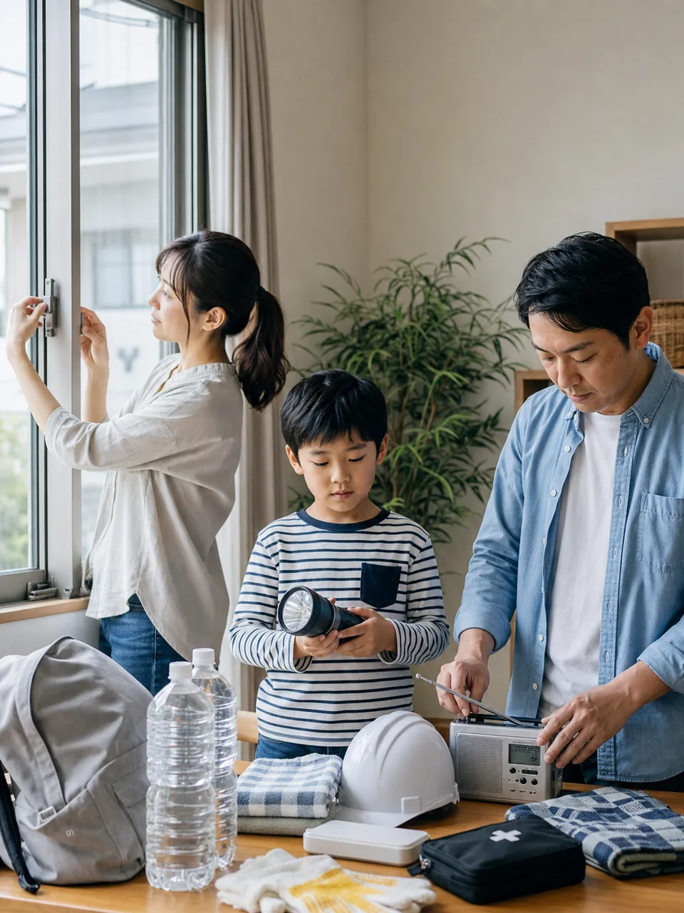 台風に備える日本人家族（自然な縦位置写真）。台風対策、防災、家庭備蓄、家族の記事向け素材です。