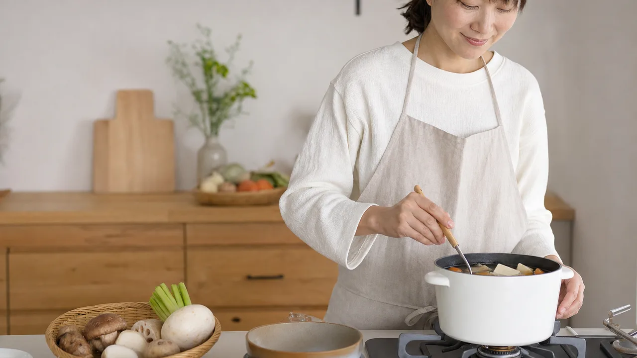 けんちん汁を作る日本人（横長・コピースペース）。けんちん汁、根菜料理、家庭料理、和食の記事や案内に使える商用素材です。