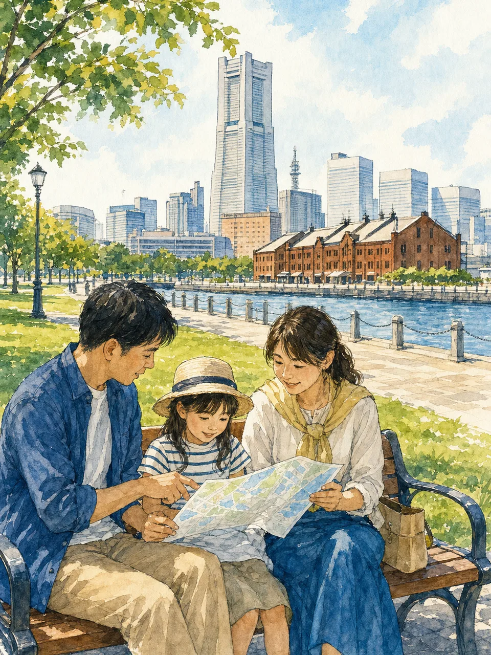 横浜の水辺を歩く日本人旅行者（手描き水彩）。横浜、ウォーターフロント、都市観光、街歩きの記事向け素材です。