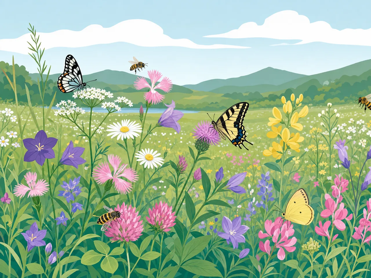 花粉を運ぶ昆虫が訪れる草地（フラットイラスト）。送粉者、ポリネーター、草花、生物多様性の記事や案内に使える商用素材です。