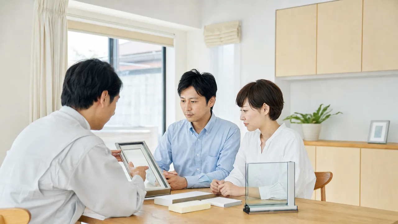 住宅の断熱を確認する日本人（横長・コピースペース）。住宅の断熱、省エネ住宅、窓、住宅性能の記事向け素材です。