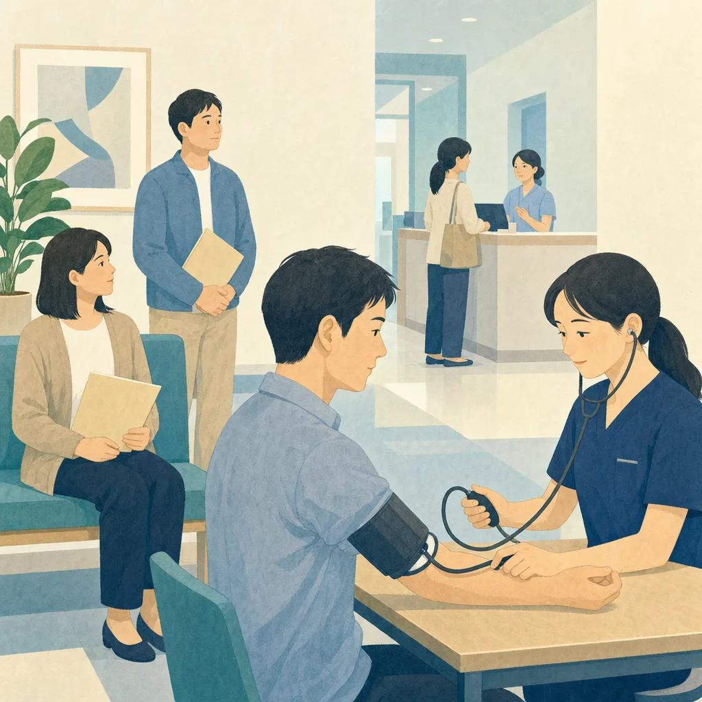 人間ドックを受ける日本人（編集記事向け）。人間ドック、健康診断、予防医療、企業健診の記事向け素材です。