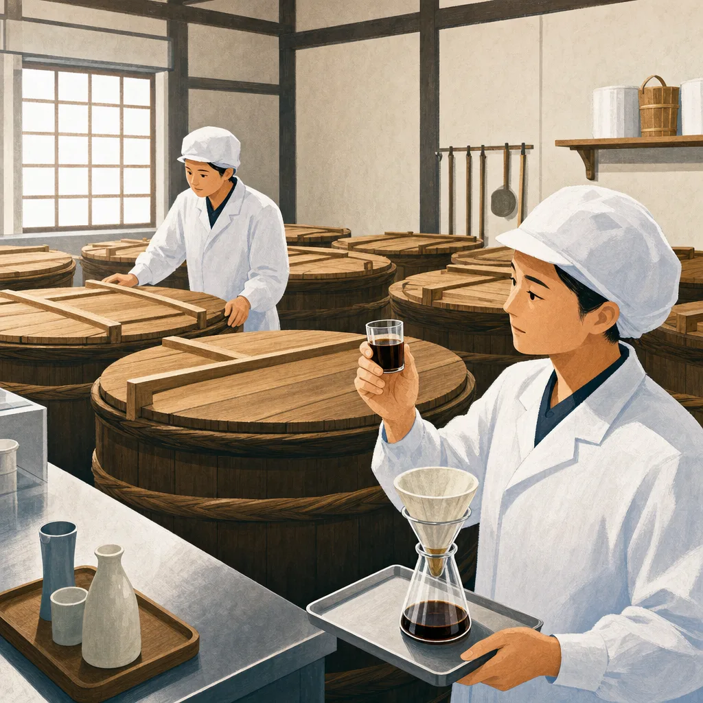 醤油蔵で品質を確認する日本人（編集記事向け）。醤油蔵、醤油作り、醸造、発酵食品の記事や案内に使える商用素材です。