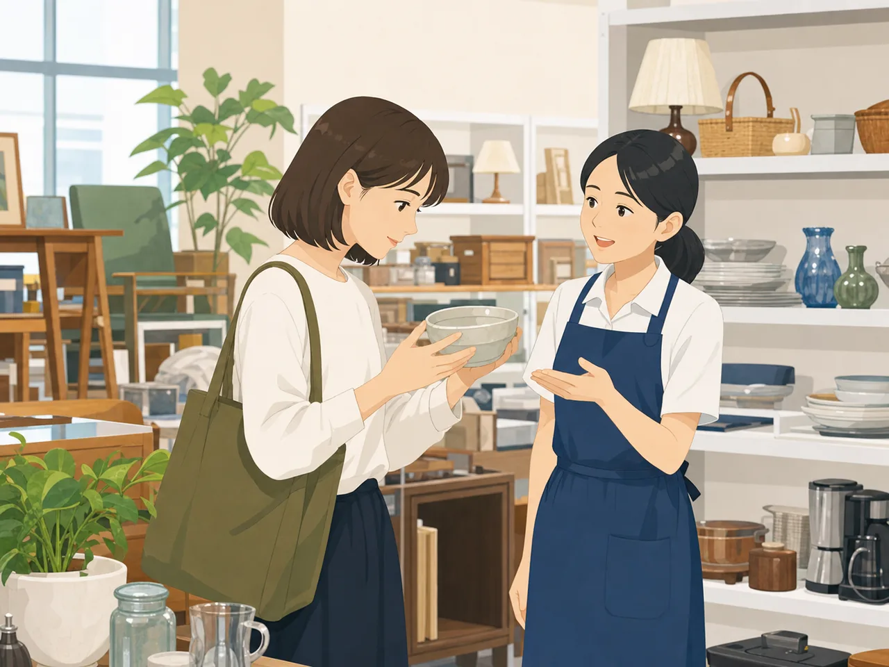 リユースショップを利用する日本人（フラットイラスト）。リユースショップ、中古品、買い物、循環型社会の記事向け素材です。