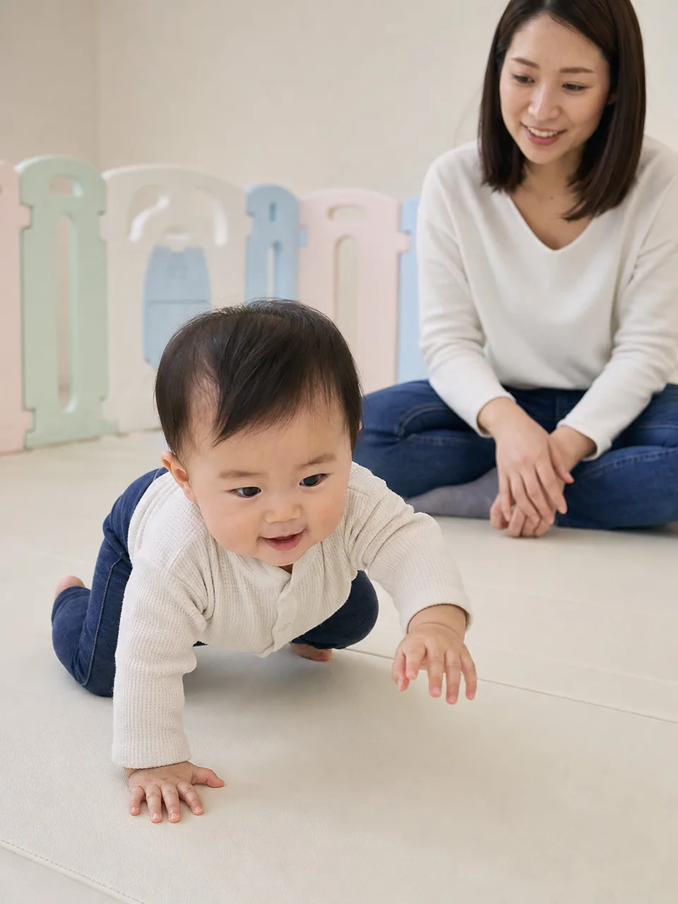 家でハイハイする日本人の赤ちゃん（自然な縦位置写真）。ハイハイ赤ちゃん、乳児、成長、子育ての記事向け素材です。
