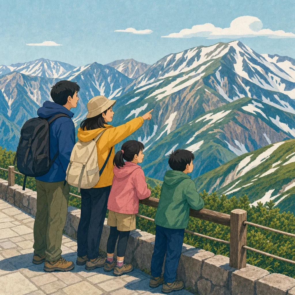 富山の山岳景観を楽しむ旅行者（編集記事向け）。富山旅行、立山、山岳観光、北陸旅行の記事や案内に使える商用素材です。