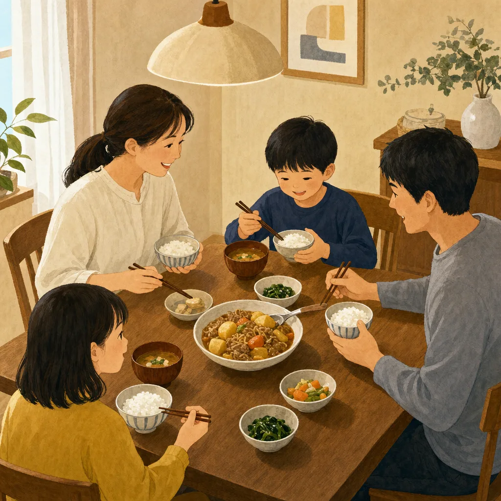 肉じゃがを囲む日本人家族（編集記事向け）。肉じゃが、家庭料理、和食、家族の食卓の記事や案内に使える商用素材です。