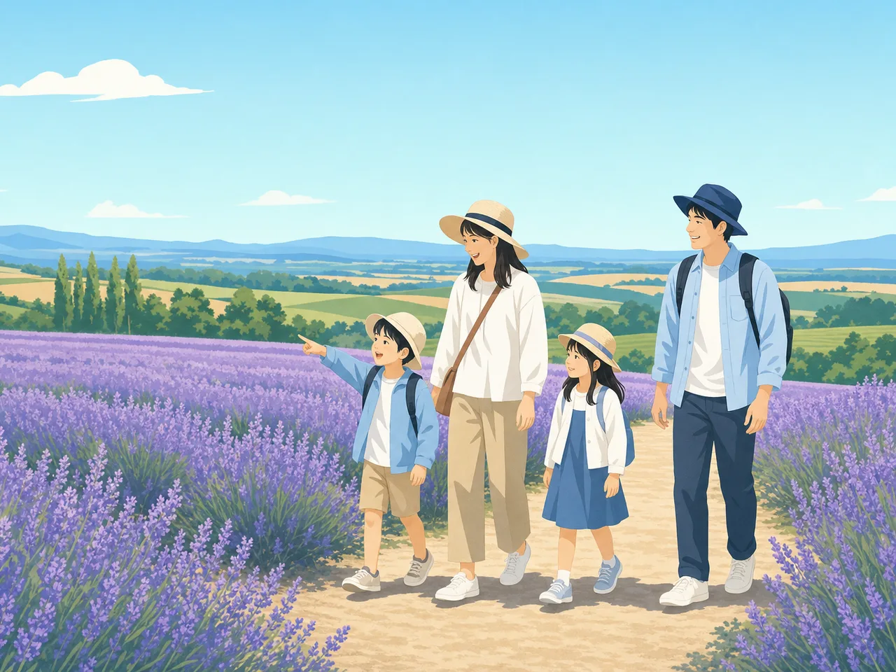 北海道の花畑を旅する日本人家族（フラットイラスト）。北海道、夏の国内旅行、家族観光、地域キャンペーン向け素材です。