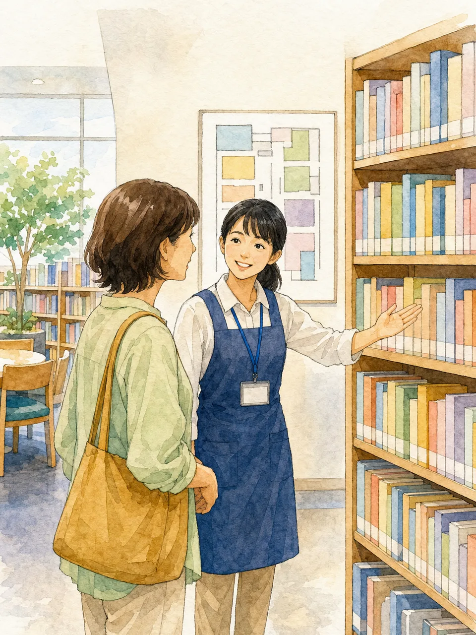 本探しを手伝う日本人図書館司書（手描き水彩）。図書館司書、図書館、読書、学習支援の記事に使える素材です。