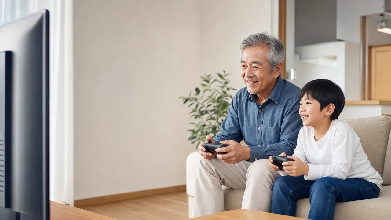 ゲームを楽しむ日本人の祖父母と孫（横長・コピースペース）。祖父母とテレビゲーム、世代を超えたゲーム、祖父母と孫、テレビゲームの記事や案内に使える商用素材です。