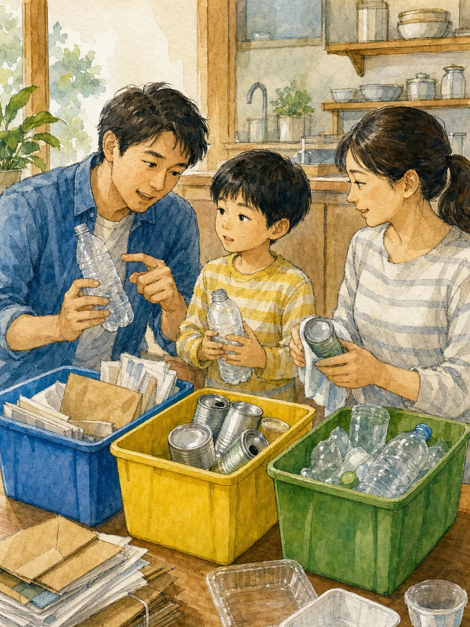 ごみ分別をする日本人家族（手描き水彩）。ごみ分別、リサイクル、環境教育、家庭生活の記事向け素材です。