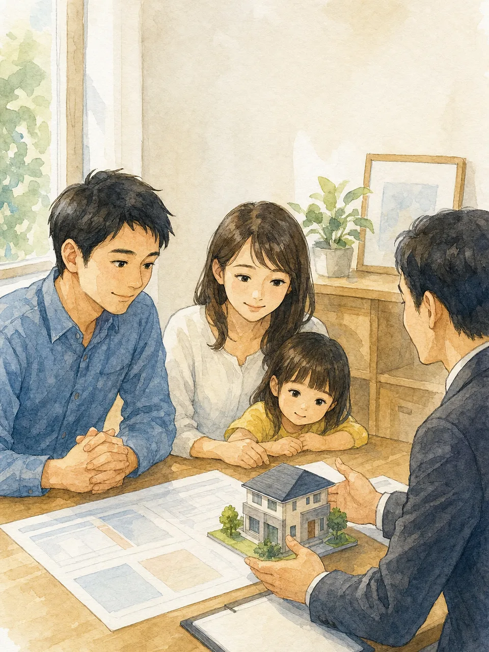 住宅ローンを相談する日本人家族（手描き水彩）。住宅購入、金融、家計相談、不動産サービスに使える相談場面です。