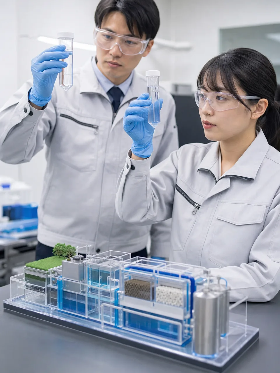 排水処理を分析する日本人技術者（自然な縦位置写真）。排水処理、水処理、環境分析、水質検査の記事や案内に使える商用素材です。