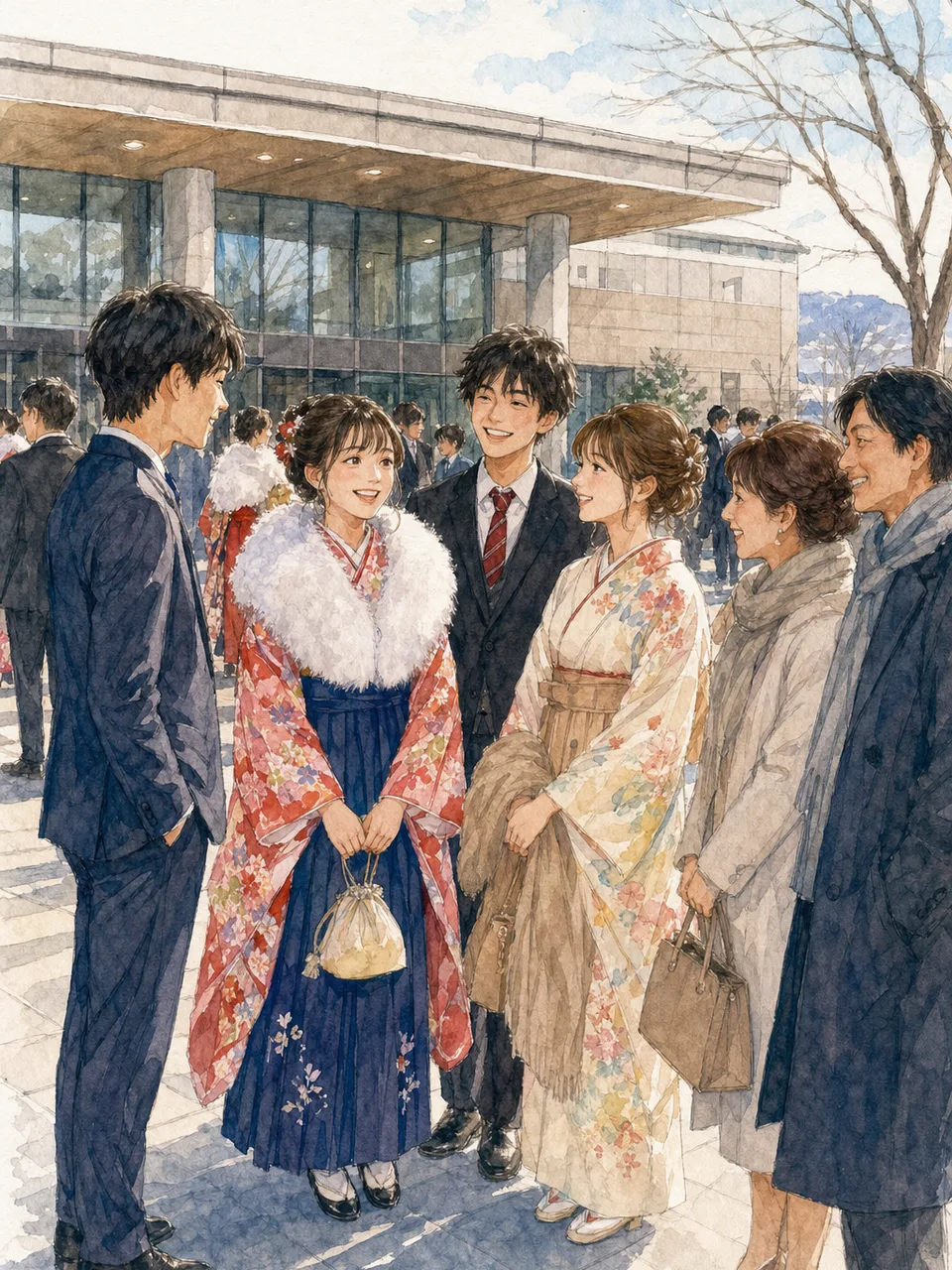成人式を迎える日本人の若者（手描き水彩）。成人式、二十歳、家族、冬の行事の記事向け素材です。