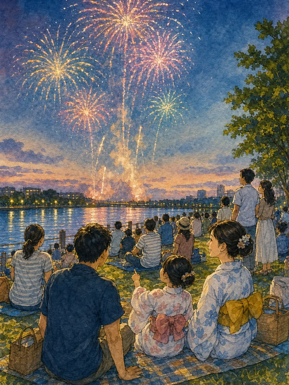 花火大会を楽しむ日本人の人々（手描き水彩）。花火大会、夏、地域イベント、観光の記事に使える季節素材です。