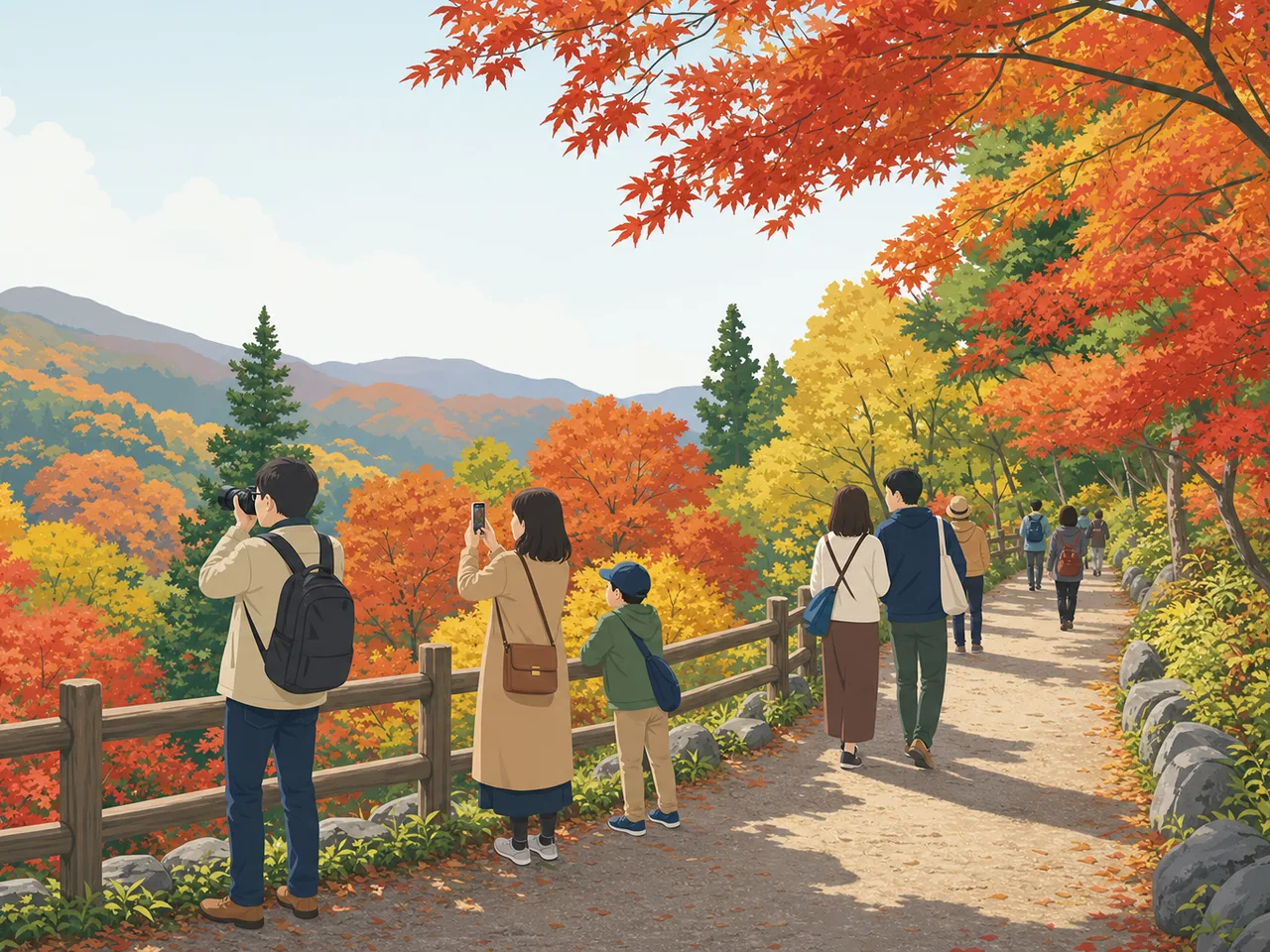 紅葉狩りを楽しむ日本人（フラットイラスト）。紅葉狩り、秋、散策、国内旅行の記事向け素材です。