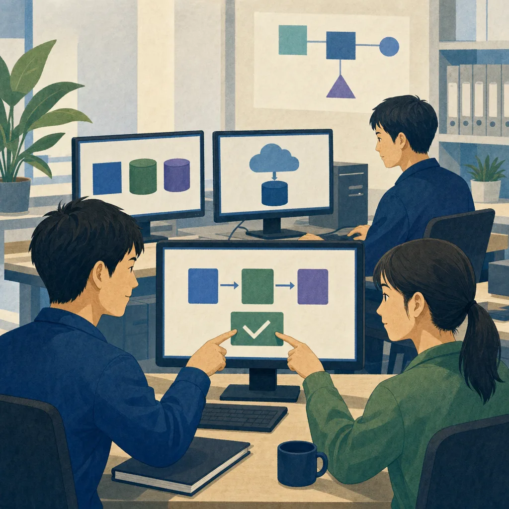 バックアップ復旧訓練をする日本人技術者（編集記事向け）。バックアップ復旧訓練、復旧テスト、バックアップ、復旧訓練の記事や案内に使える商用素材です。