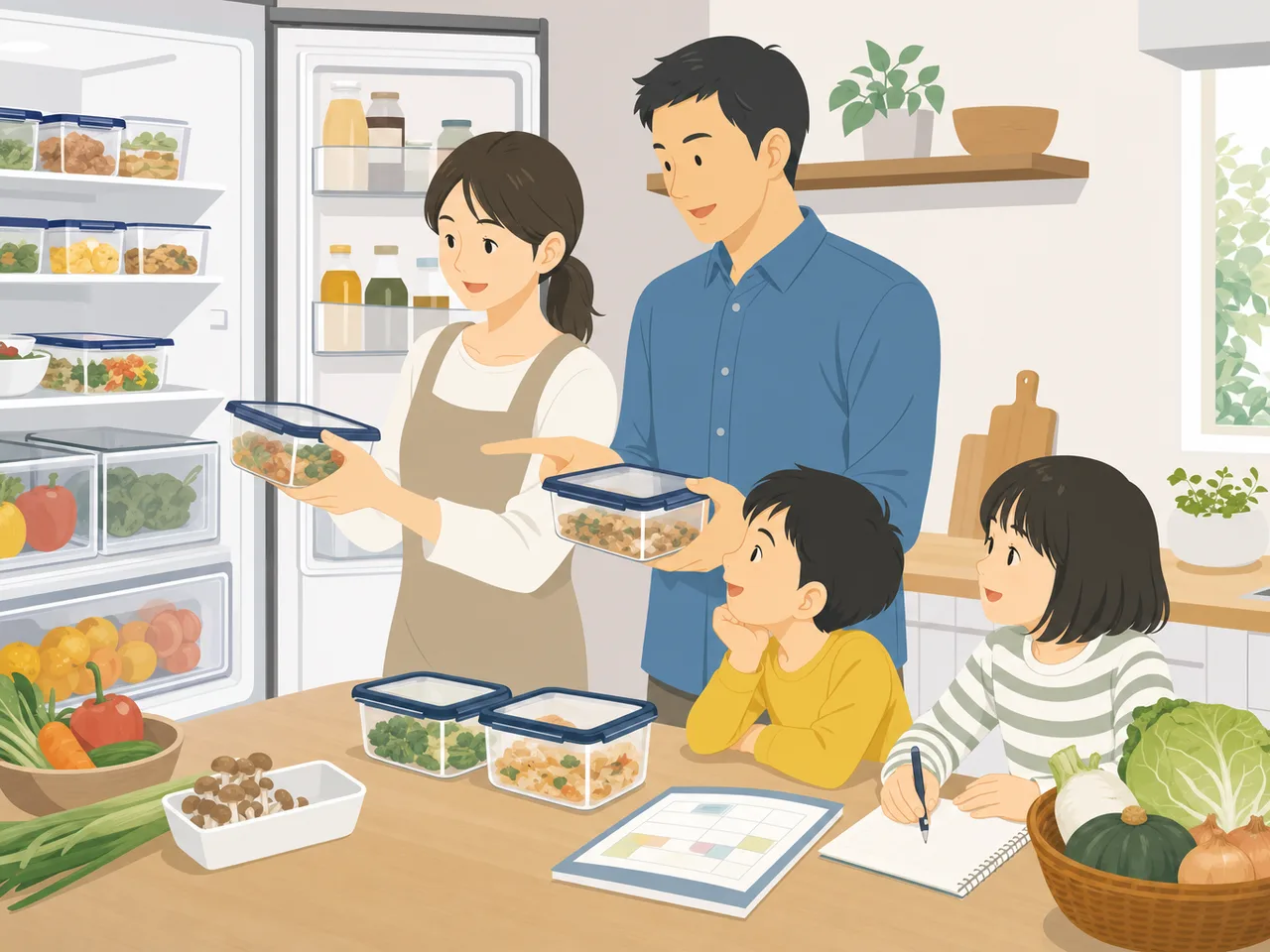 家庭でフードロスを減らす日本人（フラットイラスト）。フードロス削減、食品管理、家庭、環境配慮の記事向け素材です。