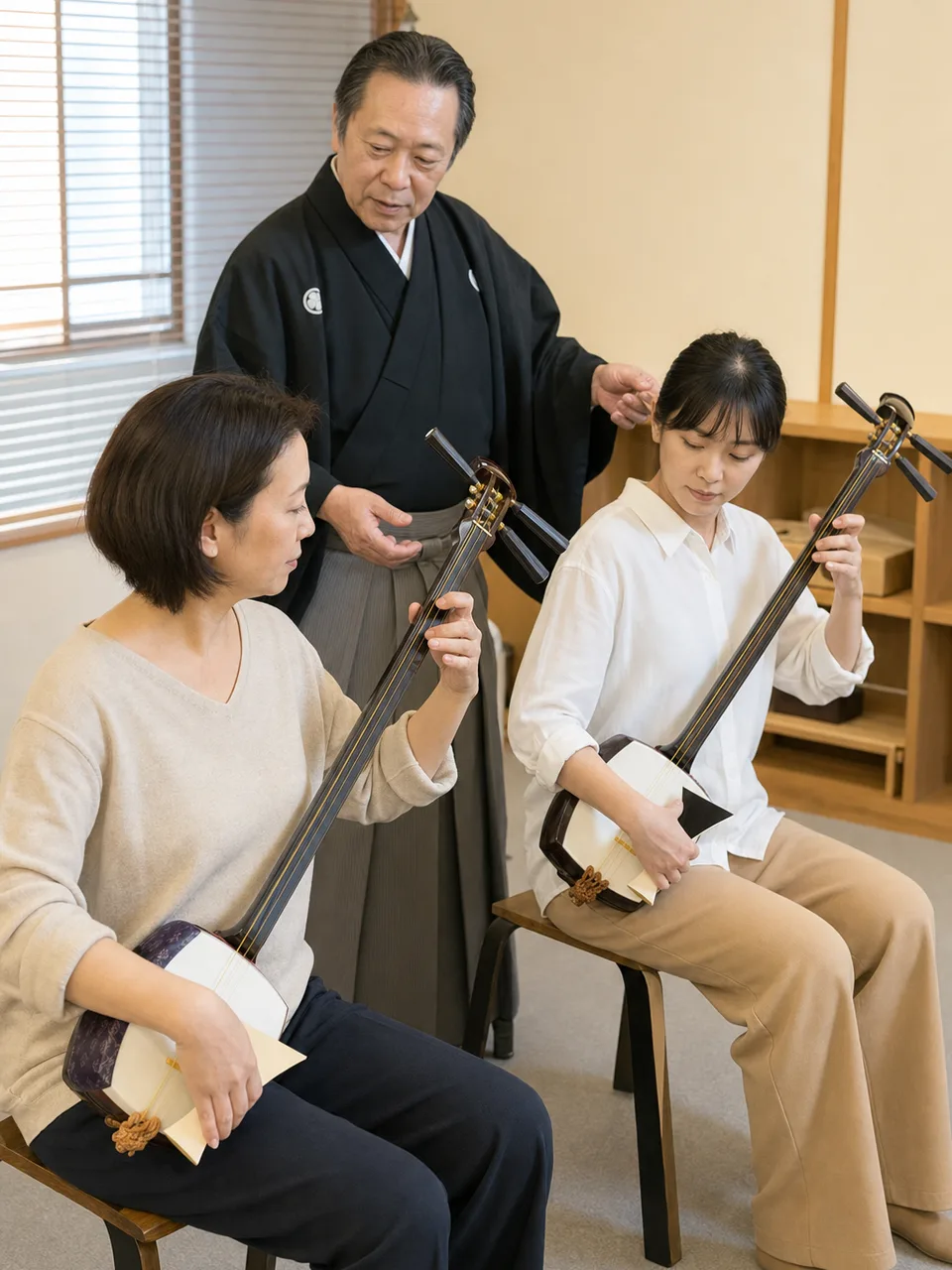 三味線を学ぶ日本人（自然な縦位置写真）。三味線、伝統音楽、楽器教室、日本文化の記事や案内に使える商用素材です。