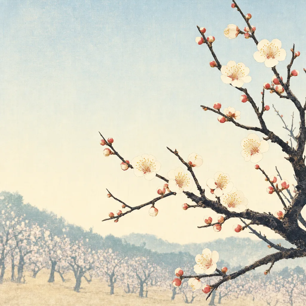 早春に咲く日本の梅の花（正方形デザイン）。梅の花、梅林、早春、花の風景向け素材です。