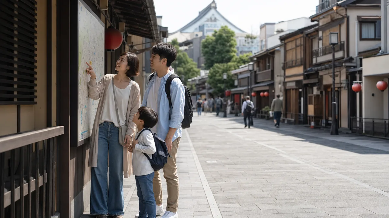 浅草の街歩きを楽しむ日本人旅行者（横長・コピースペース）。浅草、東京旅行、下町、街歩きの記事向け素材です。