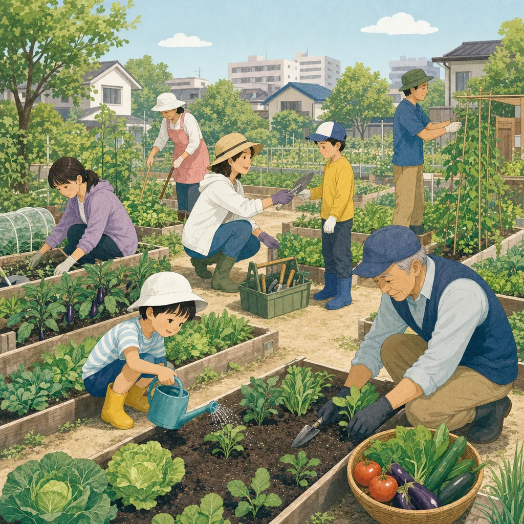 市民農園を楽しむ日本人（編集記事向け）。市民農園、家庭菜園、地域交流、野菜作りの記事や案内に使える商用素材です。