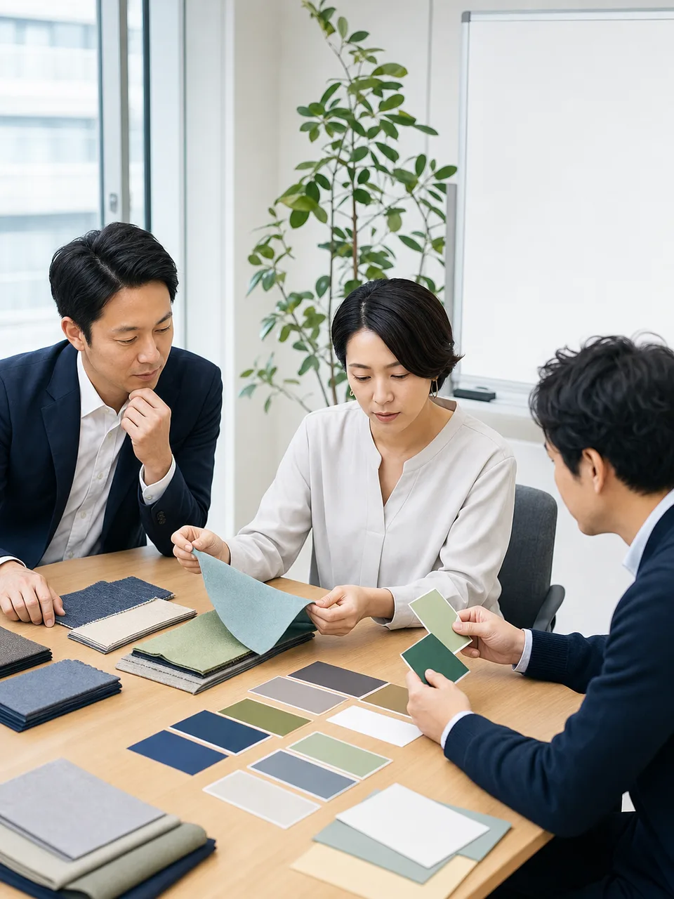 取引先を評価する日本人の調達チーム（自然な縦位置写真）。取引先評価、サプライヤー評価、調達、購買の記事や案内に使える商用素材です。