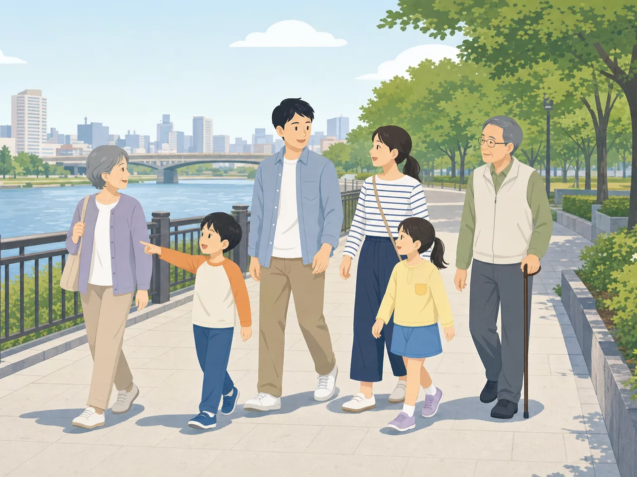散歩を楽しむ日本人の三世代家族（フラットイラスト）。三世代、家族、散歩、世代間交流の記事向け素材です。