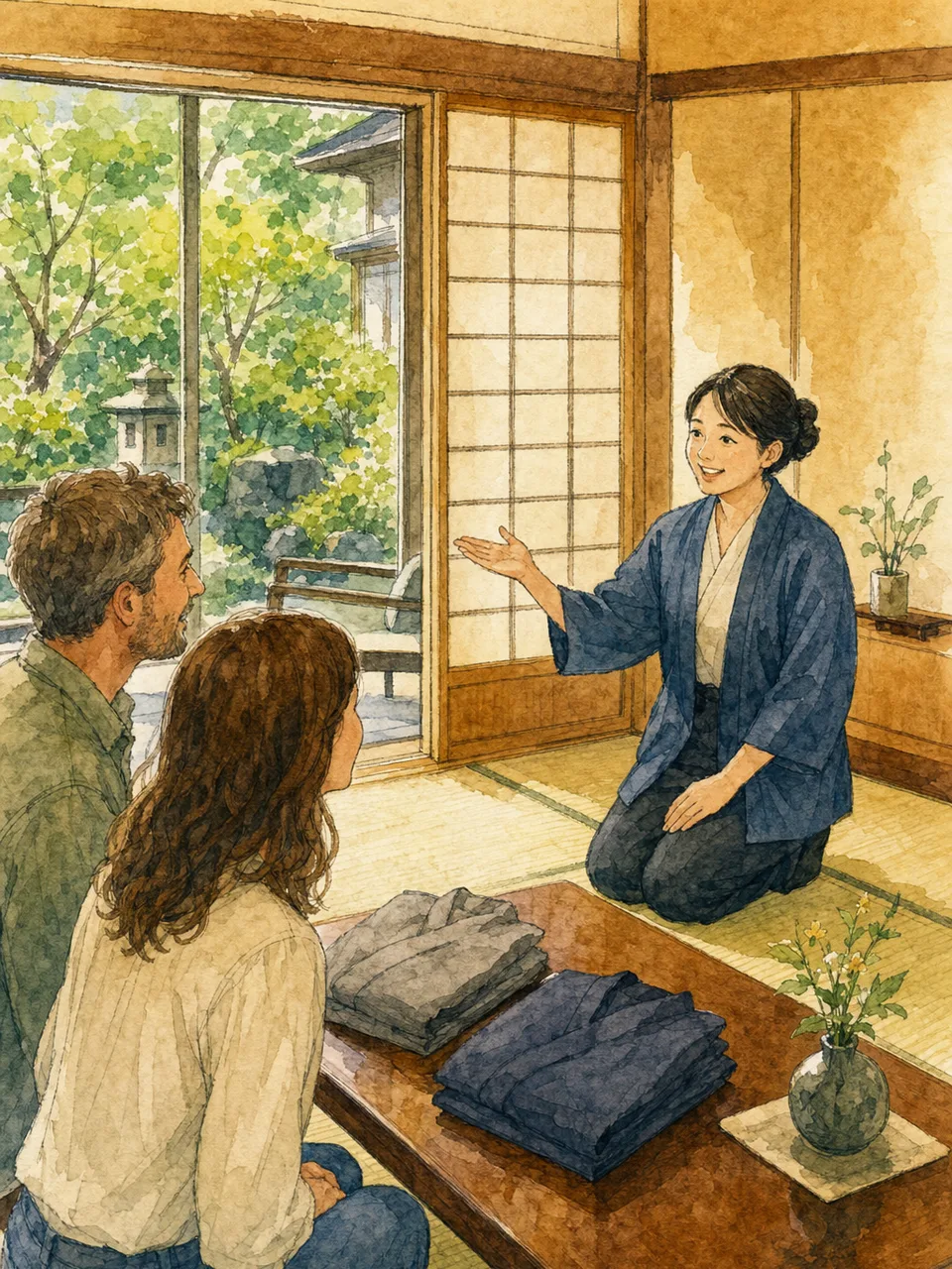旅館で迎える日本人スタッフと旅行者（手描き水彩）。旅館、温泉旅行、おもてなし、国内旅行の記事向け素材です。