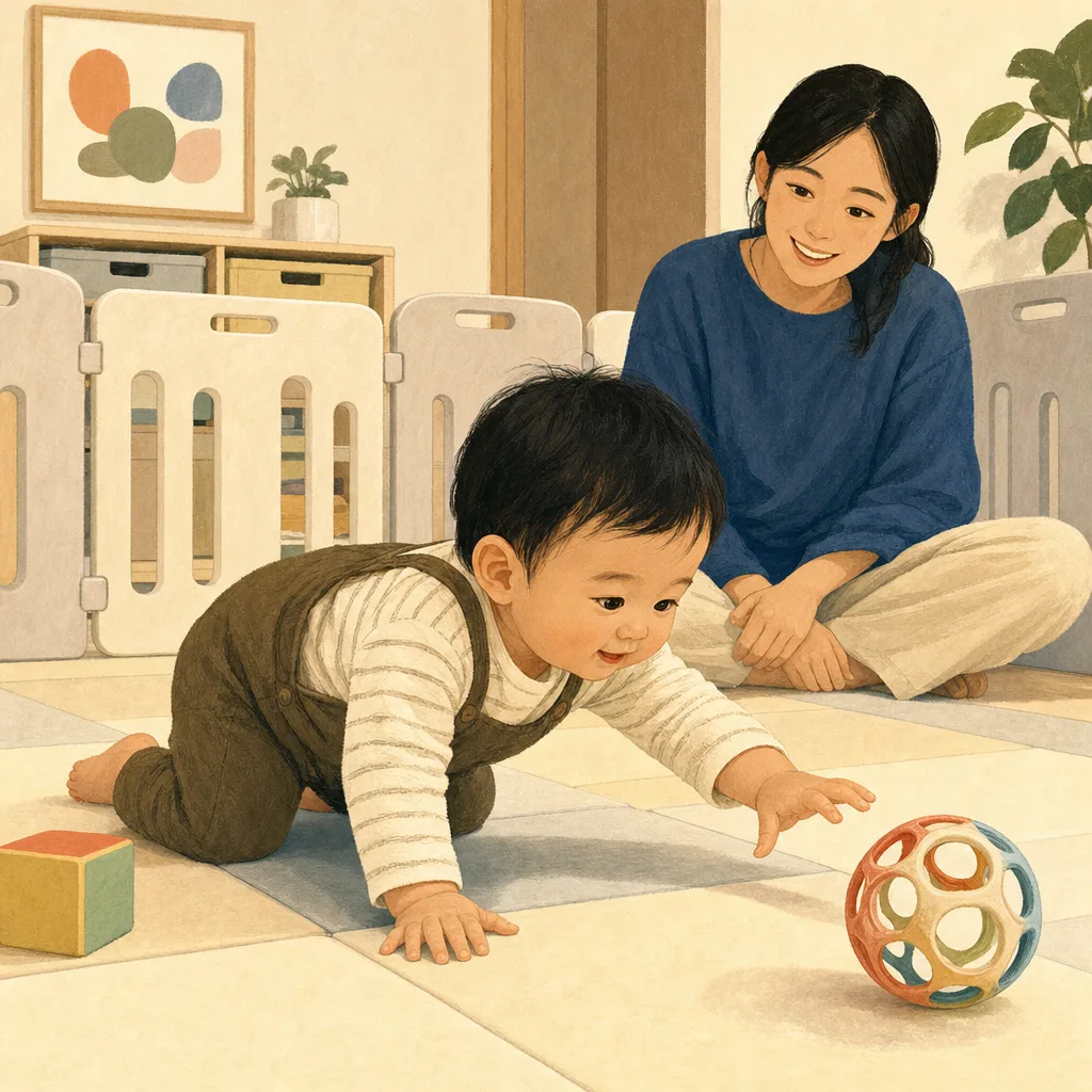 家でハイハイする日本人の赤ちゃん（編集記事向け）。ハイハイ赤ちゃん、乳児、成長、子育ての記事向け素材です。