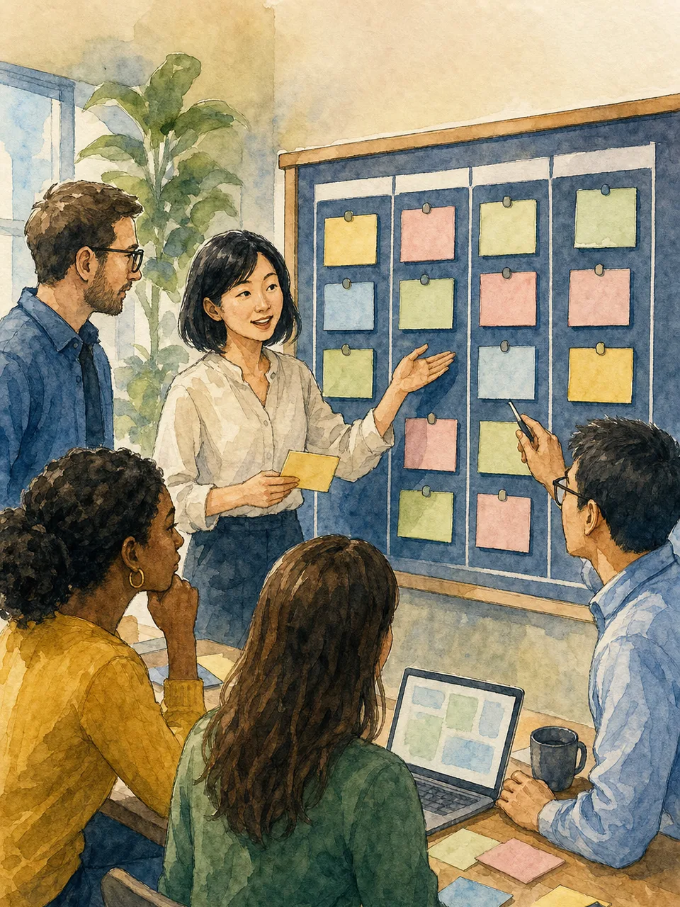 進行を整理する日本人プロジェクトマネージャー（手描き水彩）。プロジェクト管理、進捗管理、チーム開発の記事に使える素材です。
