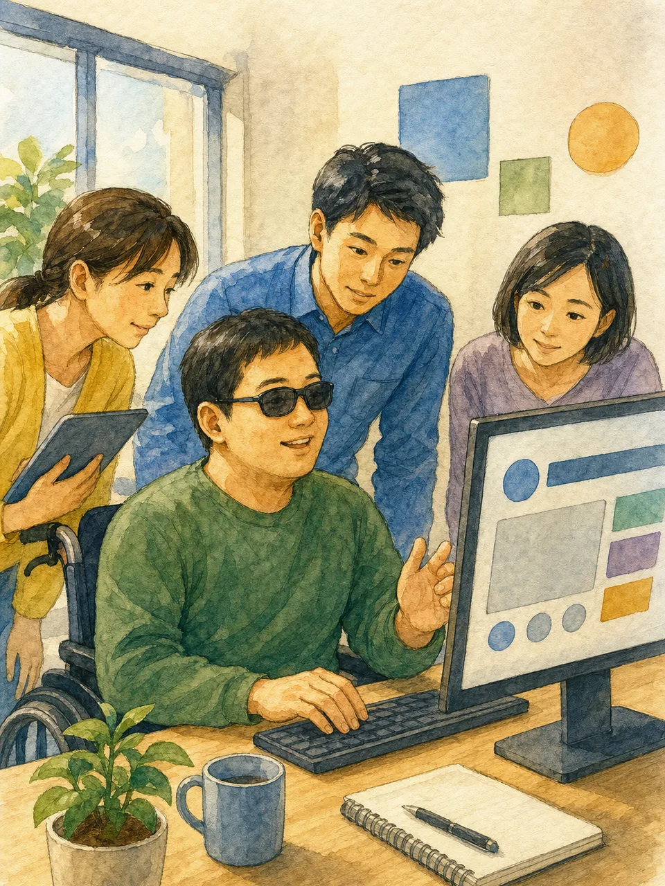 アクセシビリティを検証する日本人開発チーム（手描き水彩）。アクセシビリティテスト、Webアクセシビリティ、ユーザーテスト、障害者の記事や案内に使える商用素材です。