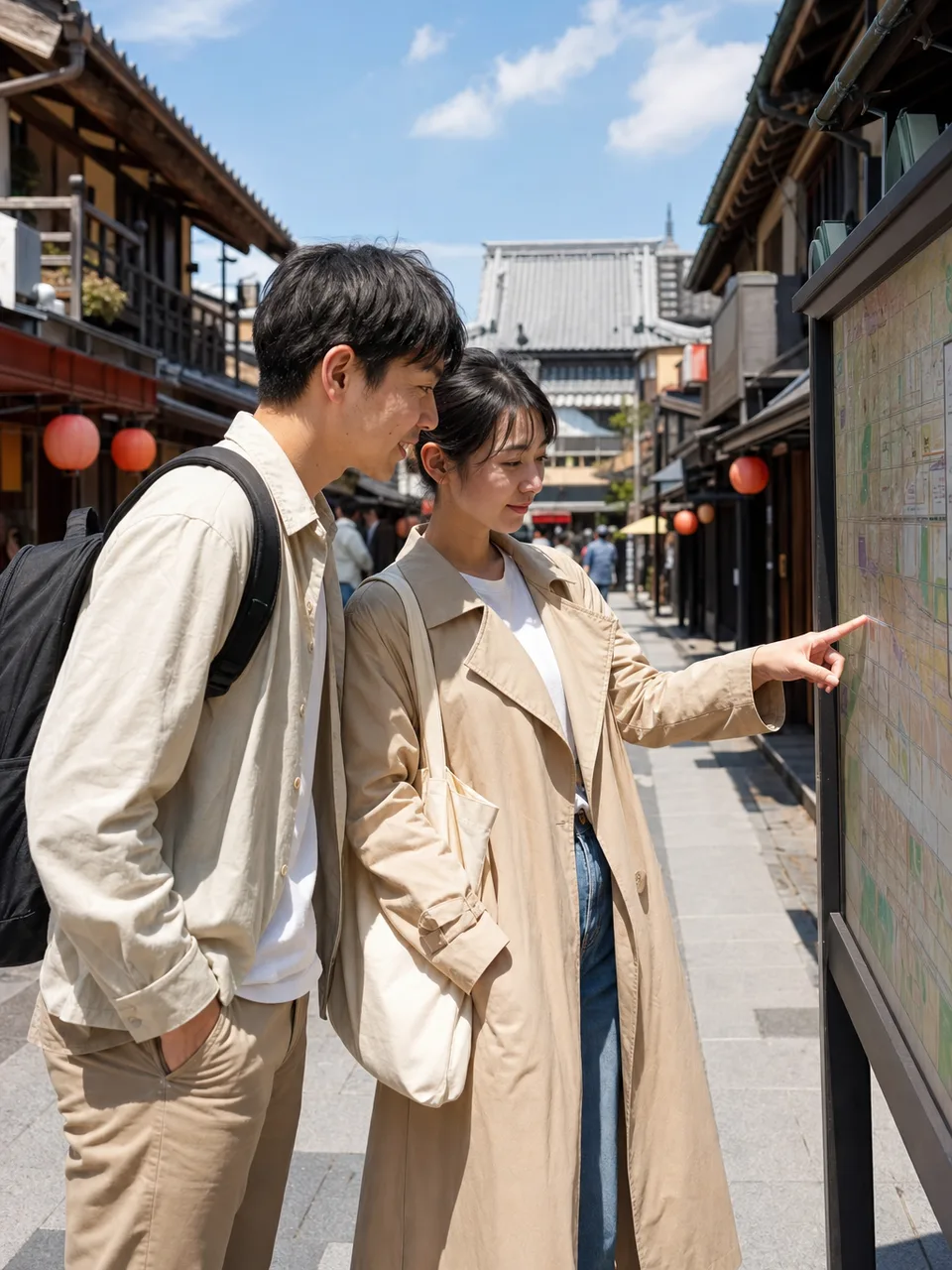 浅草の街歩きを楽しむ日本人旅行者（自然な縦位置写真）。浅草、東京旅行、下町、街歩きの記事向け素材です。