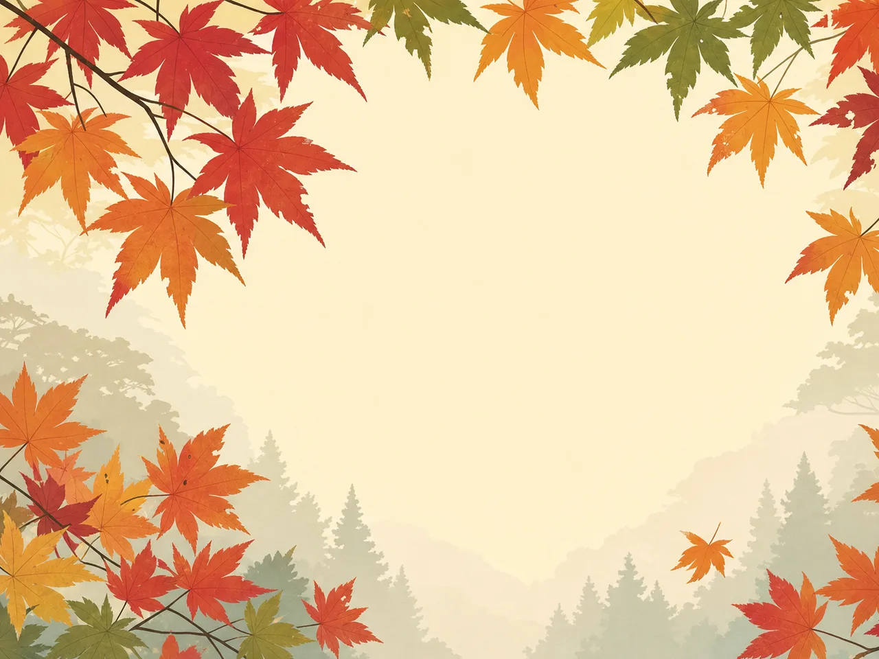 自然光に映える日本のもみじ（フレームイラスト）。もみじ、楓、紅葉、秋の自然向け素材です。