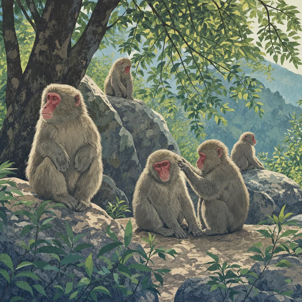 森で暮らすニホンザル（編集記事向け）。ニホンザル、野生動物、サル、森林の記事や案内に使える商用素材です。
