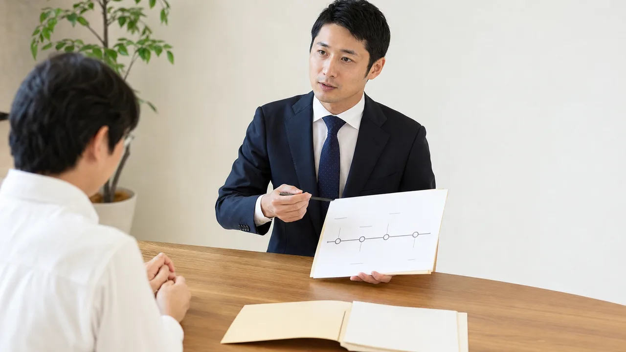 法律相談を受ける日本人と弁護士（横長・コピースペース）。弁護士、法律相談、法務、専門家サービスの記事向け素材です。