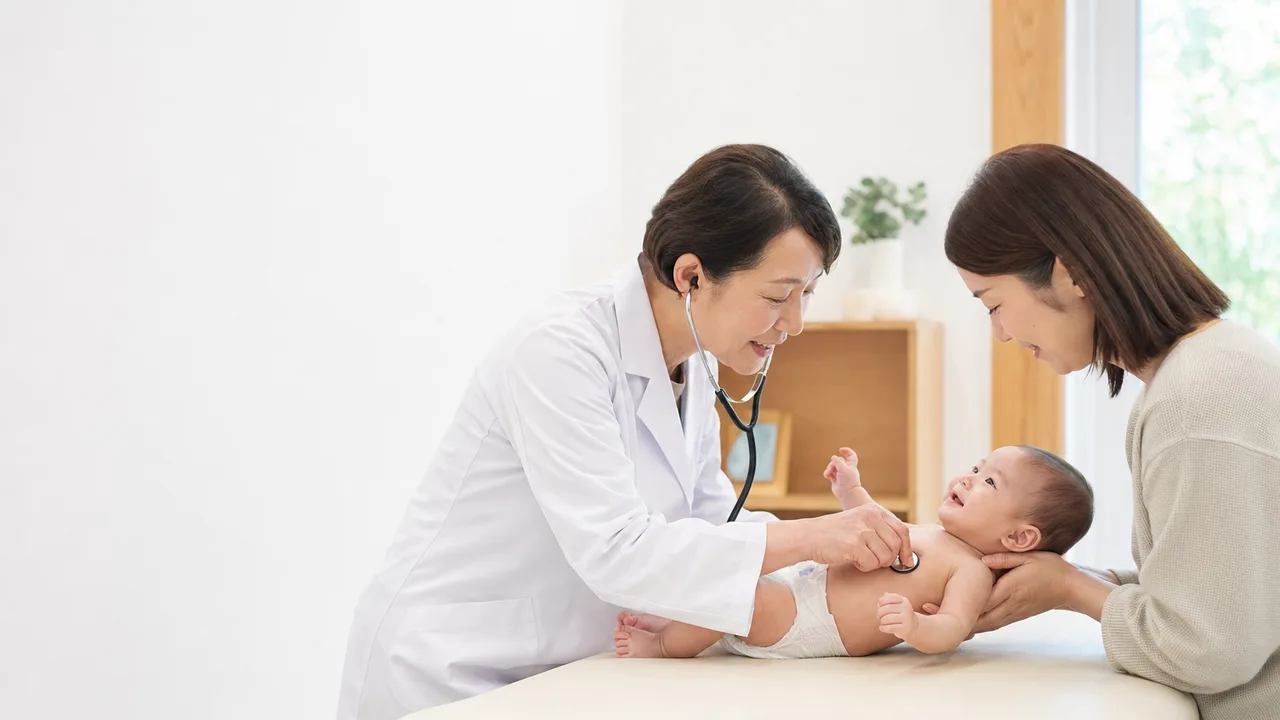 赤ちゃんの乳幼児健診（横長・コピースペース）。小児科、自治体、母子保健の案内に使える、乳児と保護者の健診素材です。
