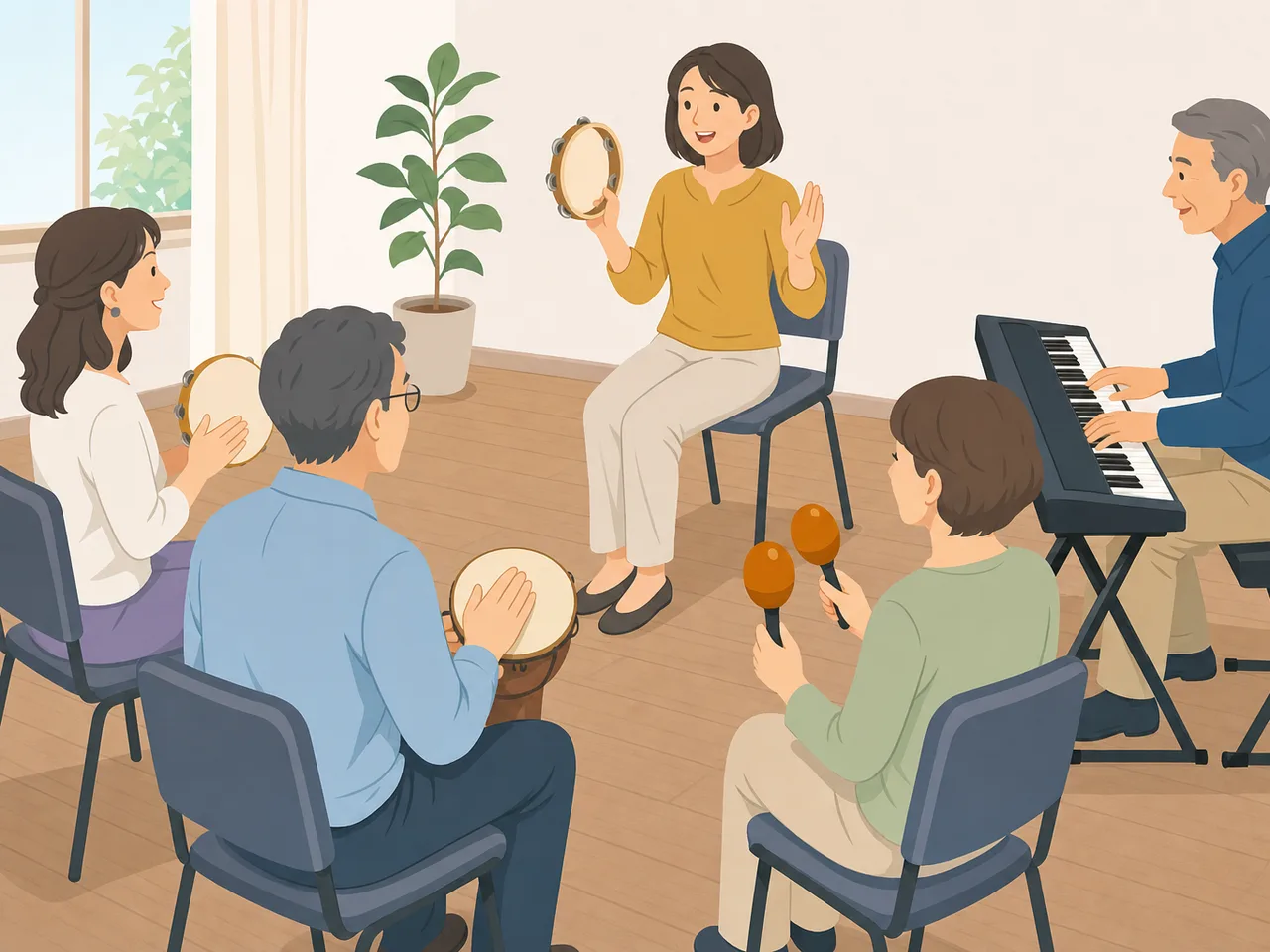 音楽教室で演奏を学ぶ日本人（フラットイラスト）。音楽教室、楽器練習、習い事、生涯学習の記事向け素材です。