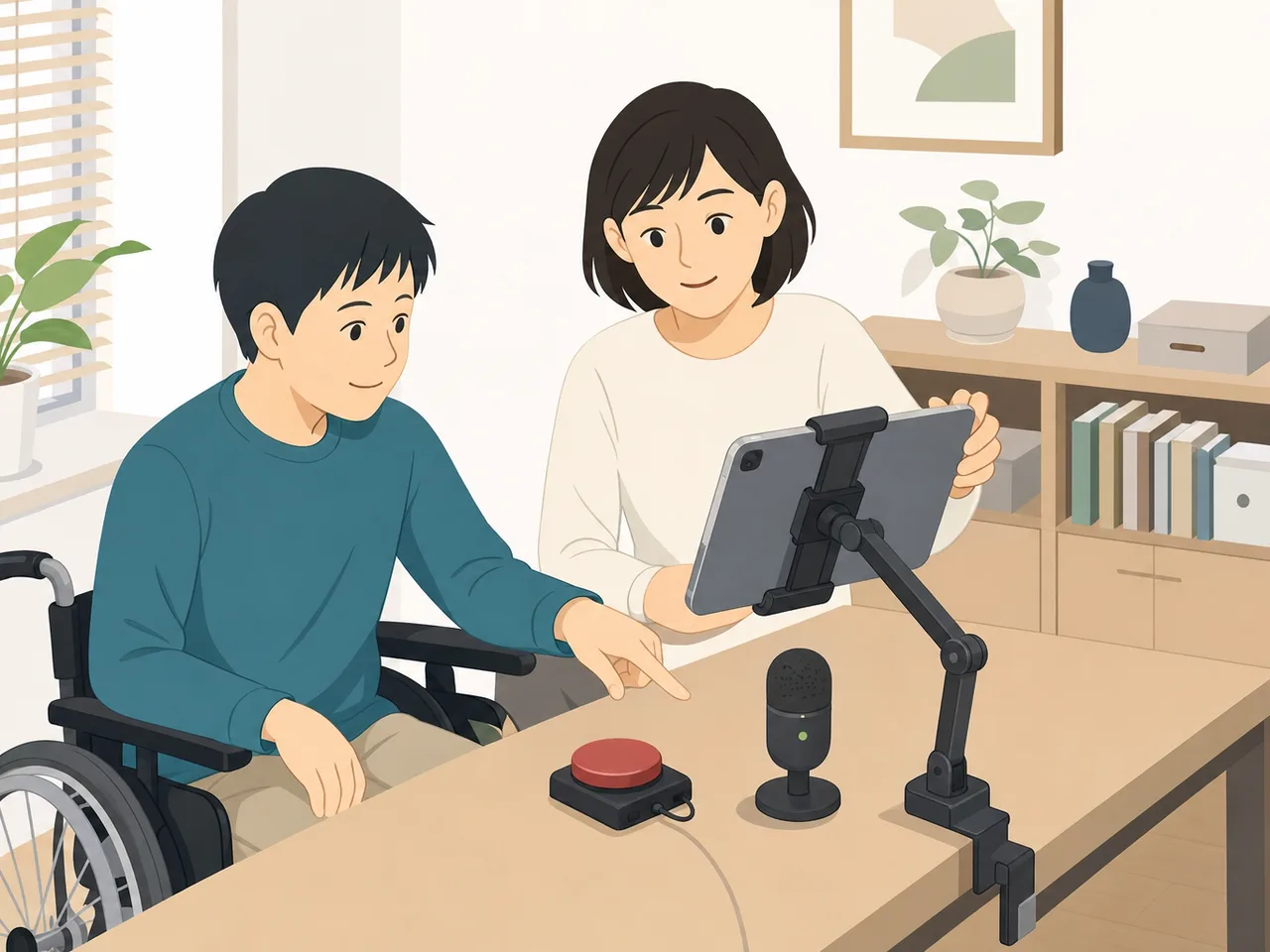 支援技術を自分に合わせて使う日本人（フラットイラスト）。支援技術、アクセシビリティ、福祉機器、デジタル活用の記事向け素材です。