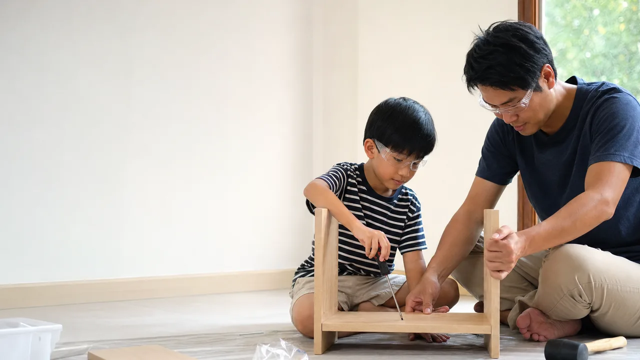 DIYに取り組む日本人の父と息子（横長・コピースペース）。父と息子、DIY、親子、ものづくりの記事向け素材です。