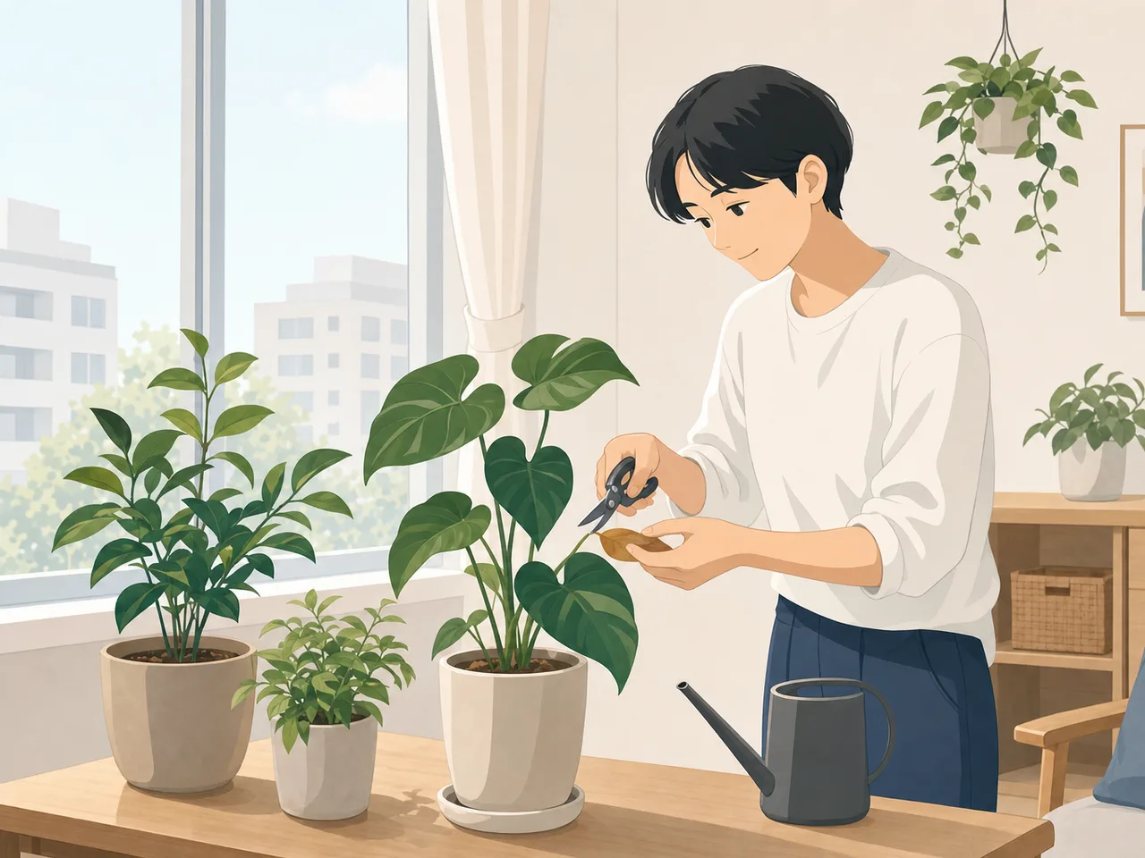 観葉植物を手入れする日本人（フラットイラスト）。観葉植物の手入れ、室内園芸、暮らし、趣味の記事向け素材です。