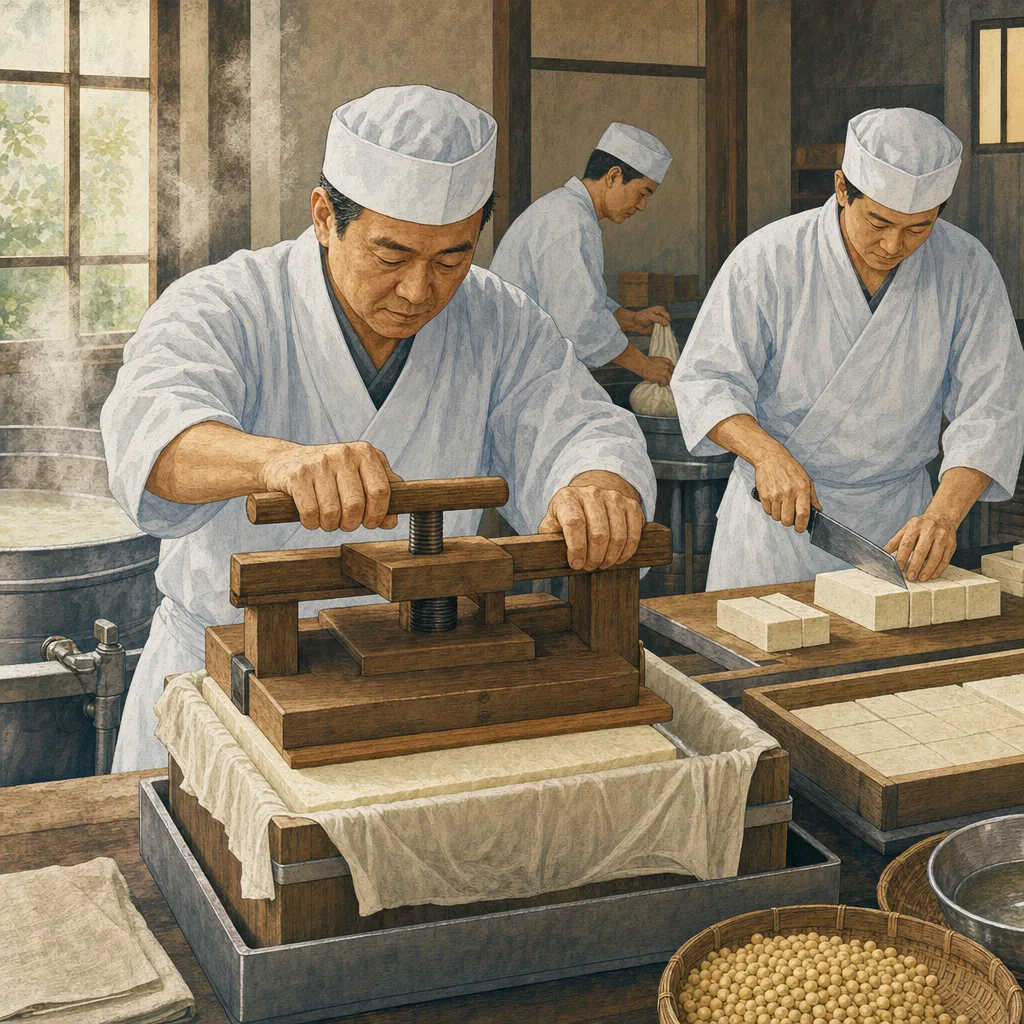 豆腐を作る日本人職人（編集記事向け）。豆腐作り、豆腐職人、大豆、食品製造の記事や案内に使える商用素材です。