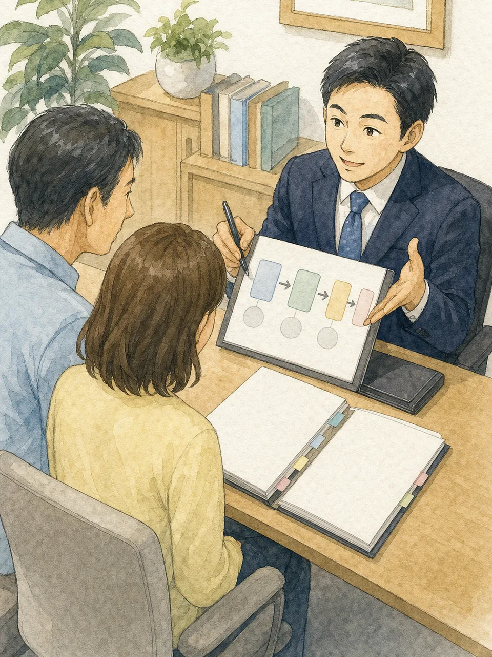 司法書士に相談する日本人（手描き水彩）。司法書士、登記、相続手続き、法律相談の記事向け素材です。