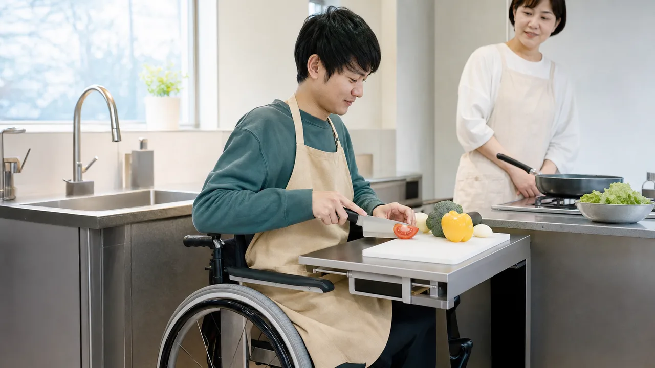 使いやすい台所で料理する日本人（横長・コピースペース）。アダプティブキッチン、障害者、自立生活、調理支援の記事や案内に使える商用素材です。