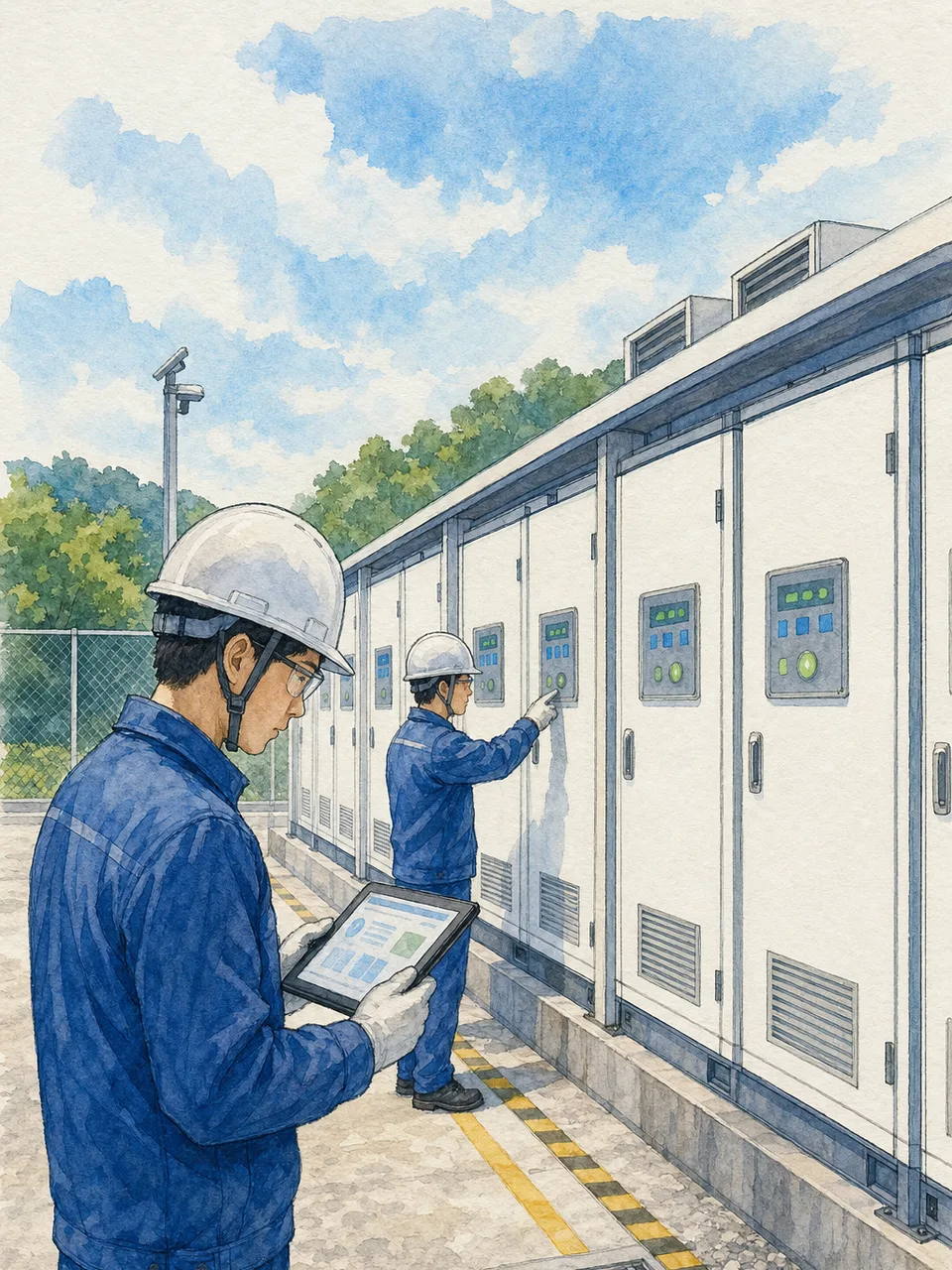 蓄電池設備を管理する日本人技術者（手描き水彩）。蓄電池、エネルギー貯蔵、設備管理、電力の記事向け素材です。