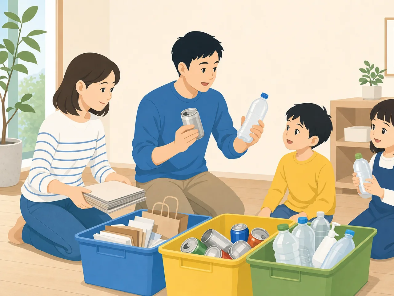 ごみ分別をする日本人家族（フラットイラスト）。ごみ分別、リサイクル、環境教育、家庭生活の記事向け素材です。