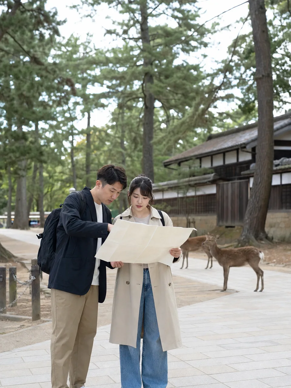 奈良の公園を歩く日本人旅行者（自然な縦位置写真）。奈良、国内旅行、鹿、公園観光の記事に使える素材です。