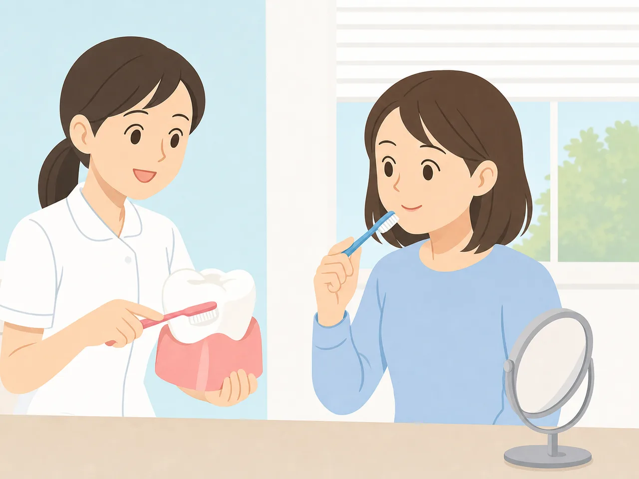 歯磨きを指導する日本人歯科衛生士（フラットイラスト）。歯科衛生士の歯磨き指導、ブラッシング指導、歯科衛生士、予防歯科の記事や案内に使える商用素材です。